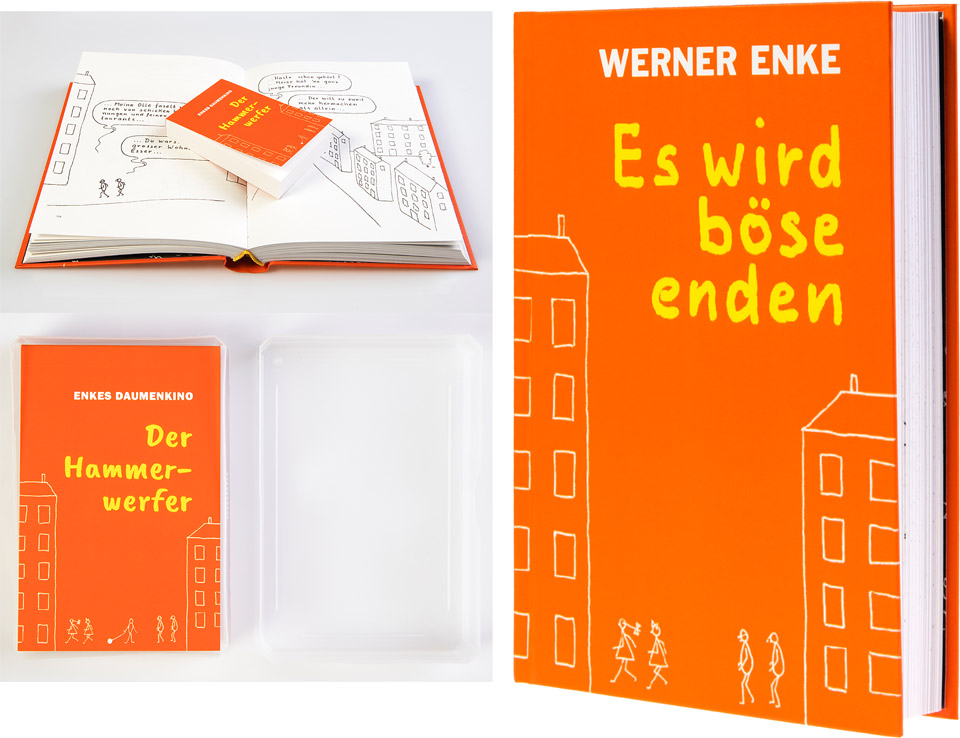 Fotocollage bestehend aus: rechts das Cover der Neuerscheinung (2022) von Werner Enkes Strichmännchen-Comicbuch (Es wird böse enden), daneben links oben ein Bücher-Set-Foto vom geöffneten Buch mit zwei erkennbaren Comics von Strichmännchen mit Sprechblasen, auf dem mittig Enkes Daumenkino (Der Hammerwerfer) liegt, darunter ein Produktfoto vom Daumenkino in einer durchsichtigen Spielkartenschachtel mit daneben liegendem Schachtel-Deckel, die Hauptfarbe der Cover ist jeweils orange mit weiß gezeichneten Strichmännchen zwischen weiß gezeichneten krakeligen Häusern sowie darüber jeweils in weißer Schrift der Autor und darunter in gelber Schrift der Titel